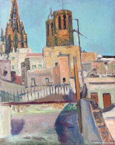 Arte: Simó Busom i Grau (Barcelona, 1927 – 2020) Vista de Barcelona con Catedral – Óleo sobre lienzo 1969